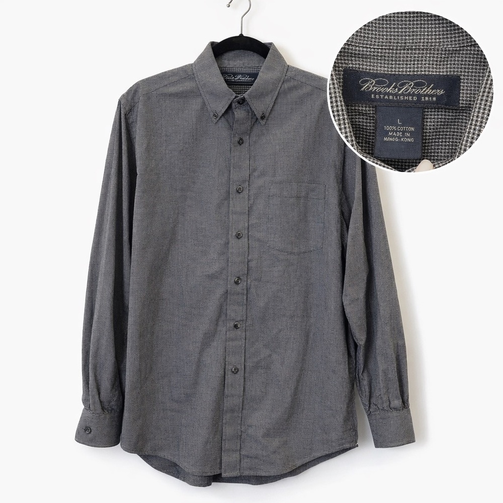 Brooks Brothers Button‎ Down Shirt Men L Gray Check 100% Cotton Classic Fit